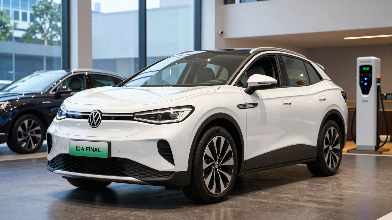 Carro elétrico Volkswagen ID.4 branco em exposição numa sala com piso de madeira e estação de carregamento.