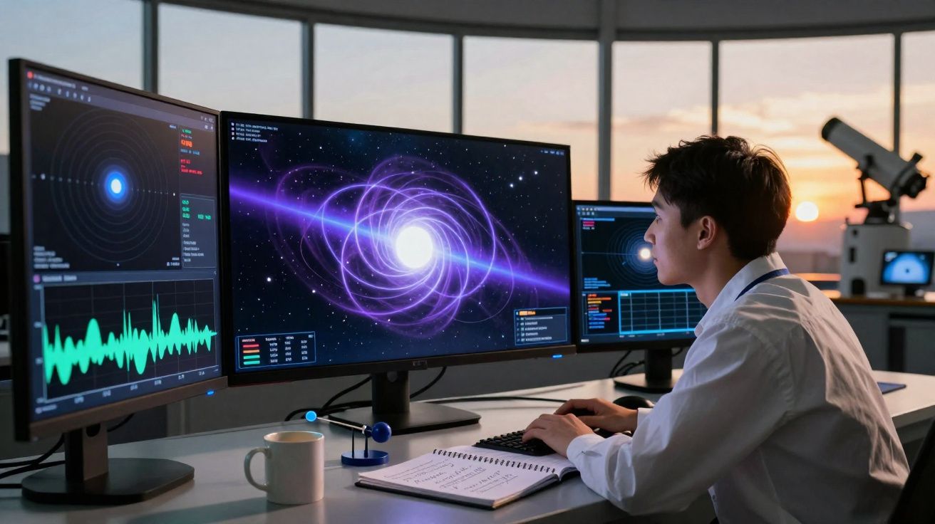 Homem sentado a analisar dados e gráficos de fenómenos espaciais em três ecrãs num laboratório moderno.