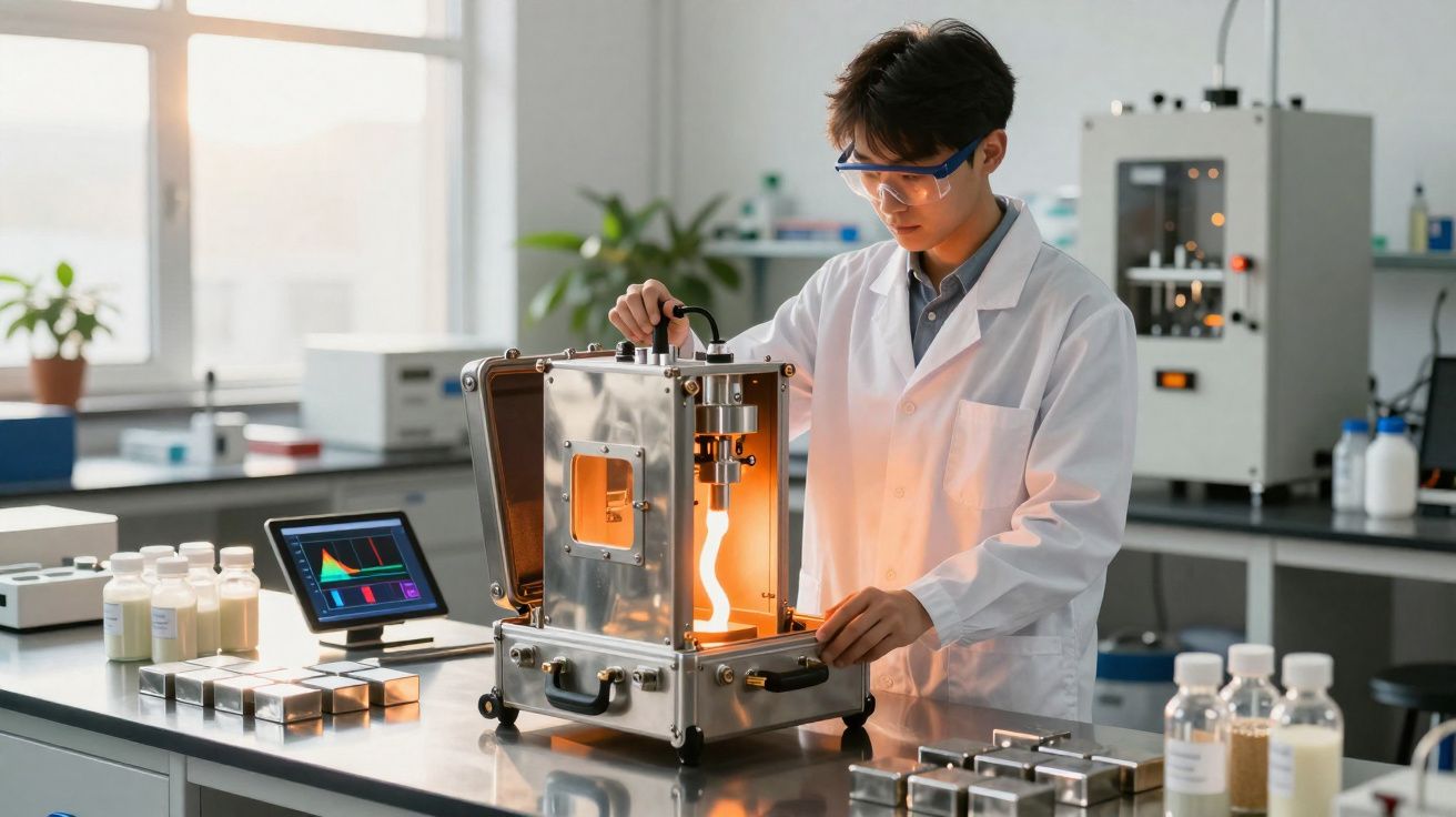 Cientista em laboratório a utilizar máquina para moldar material incandescente, com equipamento e frascos ao redor.