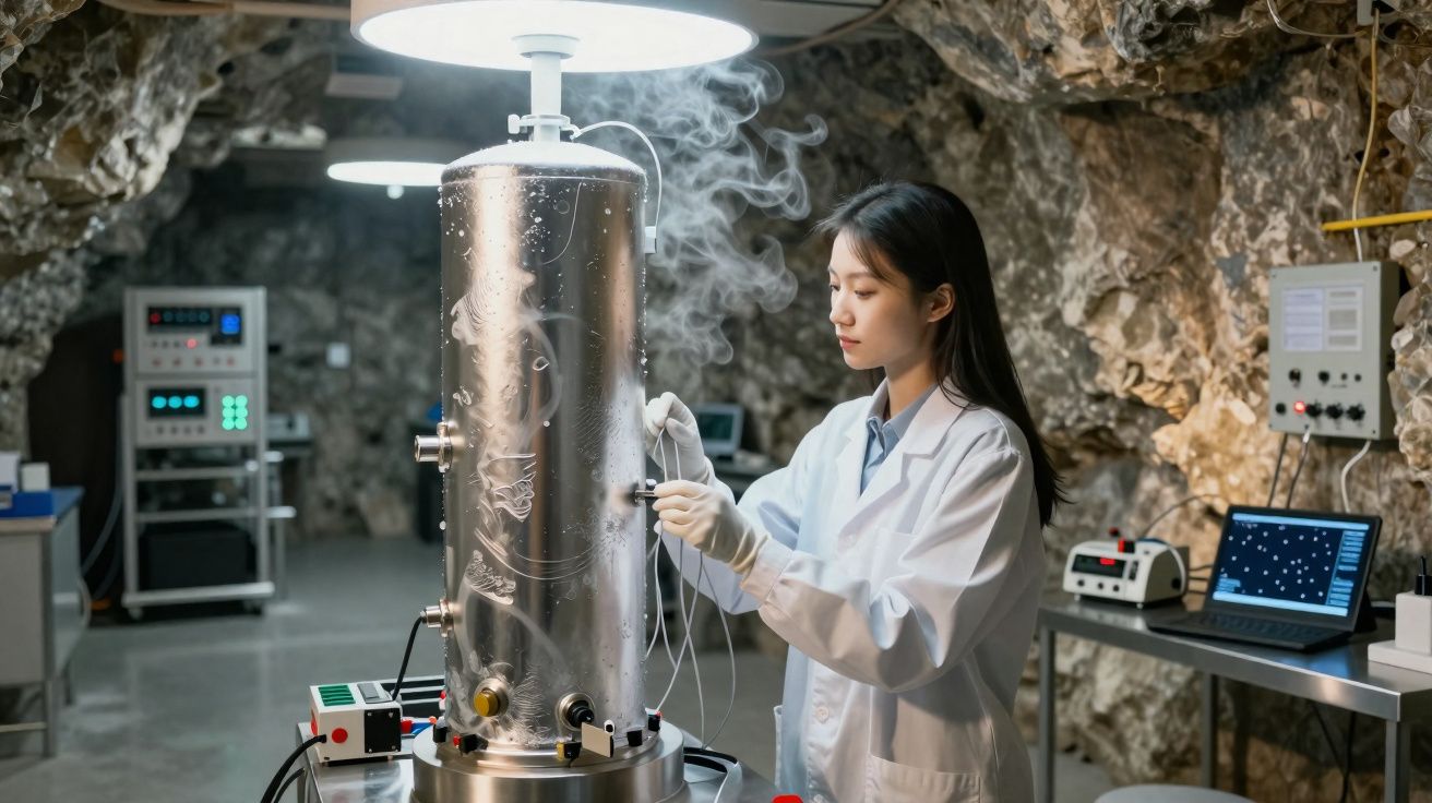 Cientista mulher em laboratório subterrâneo a trabalhar com equipamento metálico e vapores a sair.