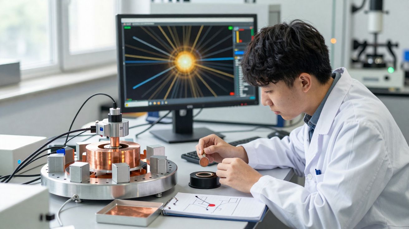Cientista a usar equipamento laboratorial para analisar uma moeda num ambiente de investigação tecnológica.