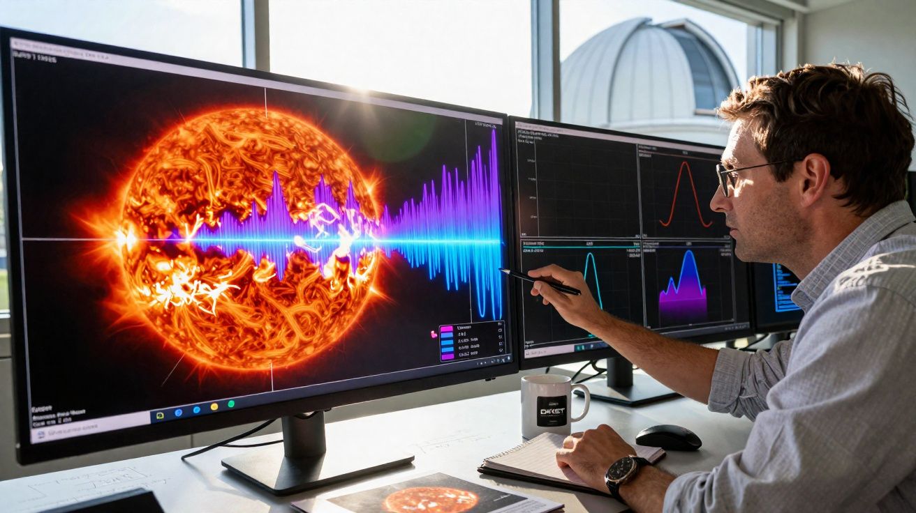 Cientista analisa gráficos e imagens do sol em monitores num laboratório com cúpula de observatório ao fundo.