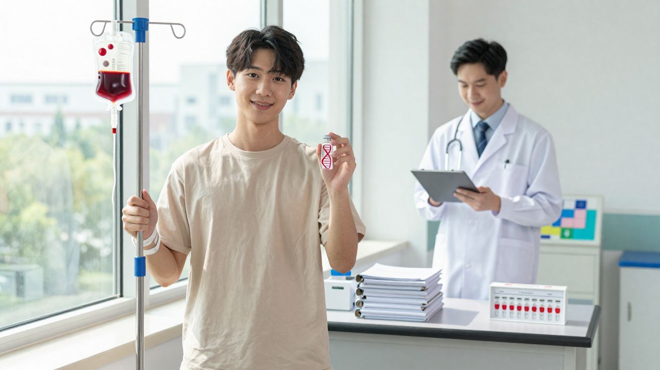 Homem com transfusão de sangue segura frasco com DNA em laboratório, médico lê prancheta ao fundo.