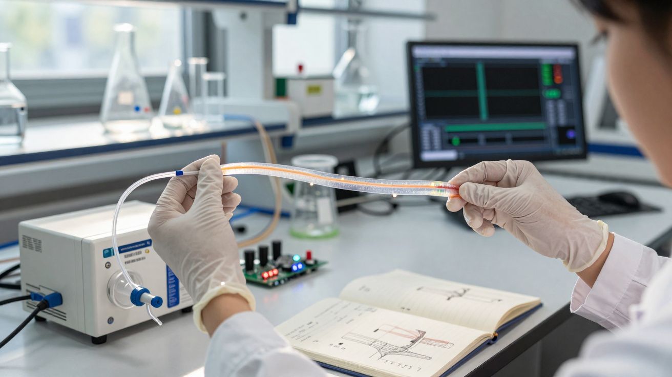 Pessoa com luvas a segurar tubo luminescente num laboratório científico com equipamento e computador ao fundo.