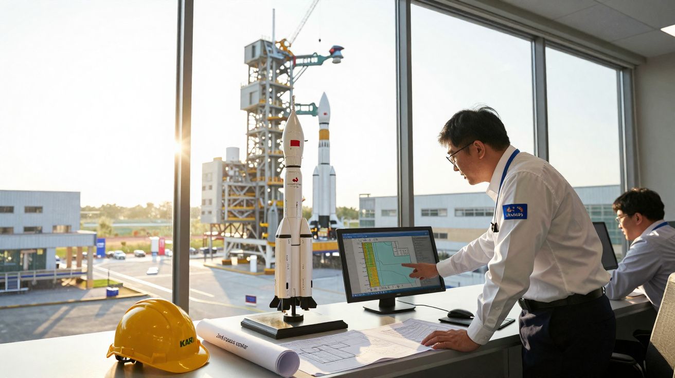 Engenheiro a analisar dados num computador com modelos de foguetes e blueprint numa sala com vista para plataforma de lançame