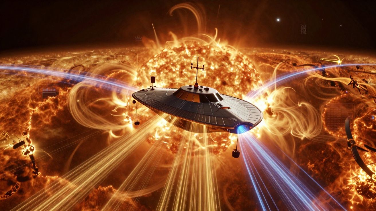 Nave espacial futurista a explorar áreas ativas de radiação e fluxos de energia no sol.