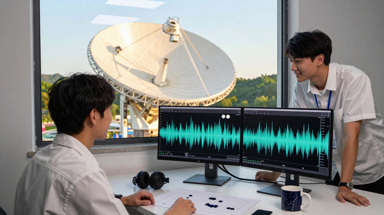 Dois jovens analisam gráficos de som em ecrãs duplos com antena parabólica visível pela janela.