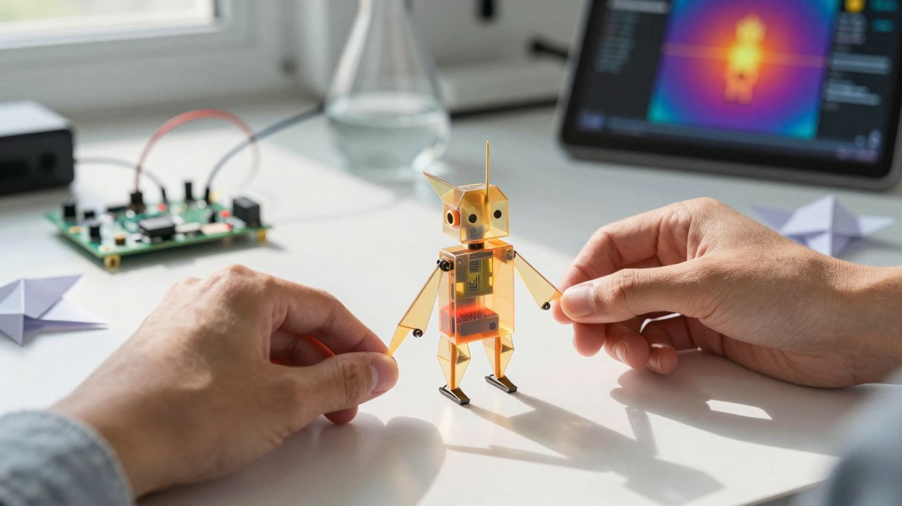 Mãos manipulam um pequeno robô amarelo sobre uma secretária com componentes eletrónicos ao fundo.