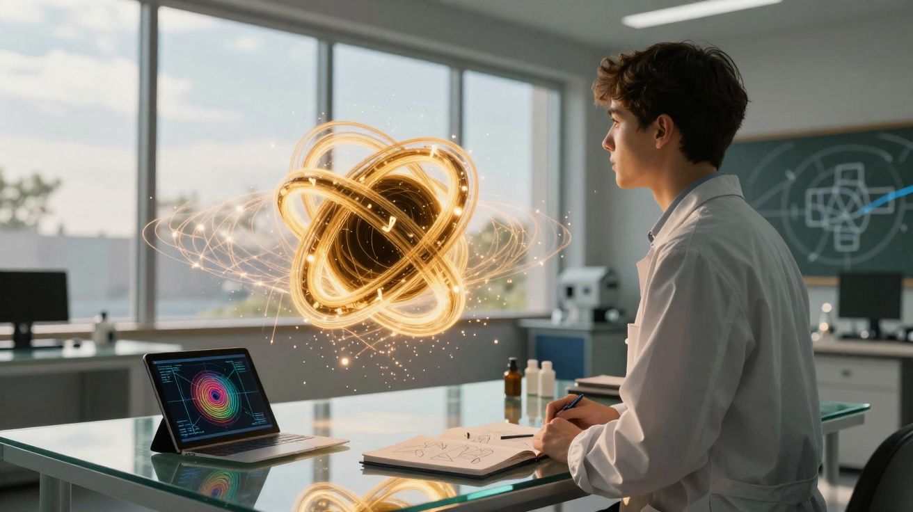 Jovem cientista a observar holograma dourado numa sala de laboratório moderna com tablet e caderno.