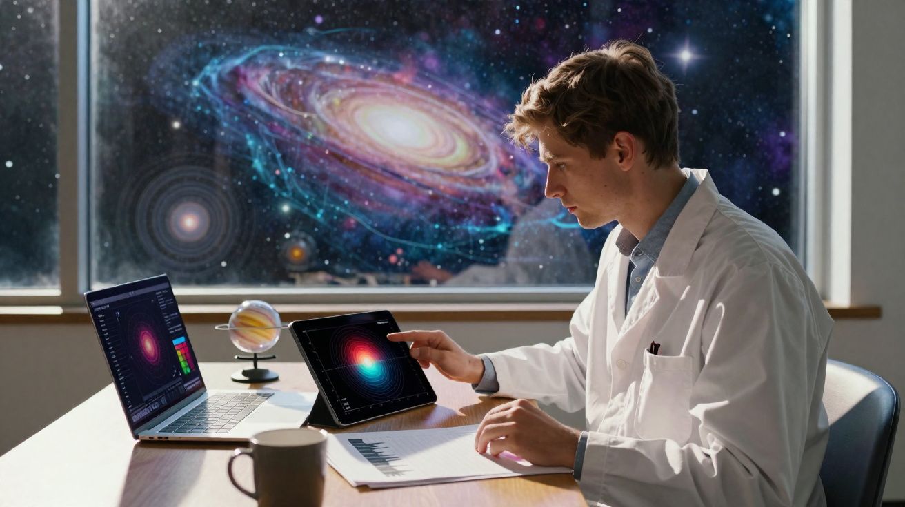 Cientista em bata branca analisa imagens de galáxias em tablet e computador com modelo planetário ao fundo.