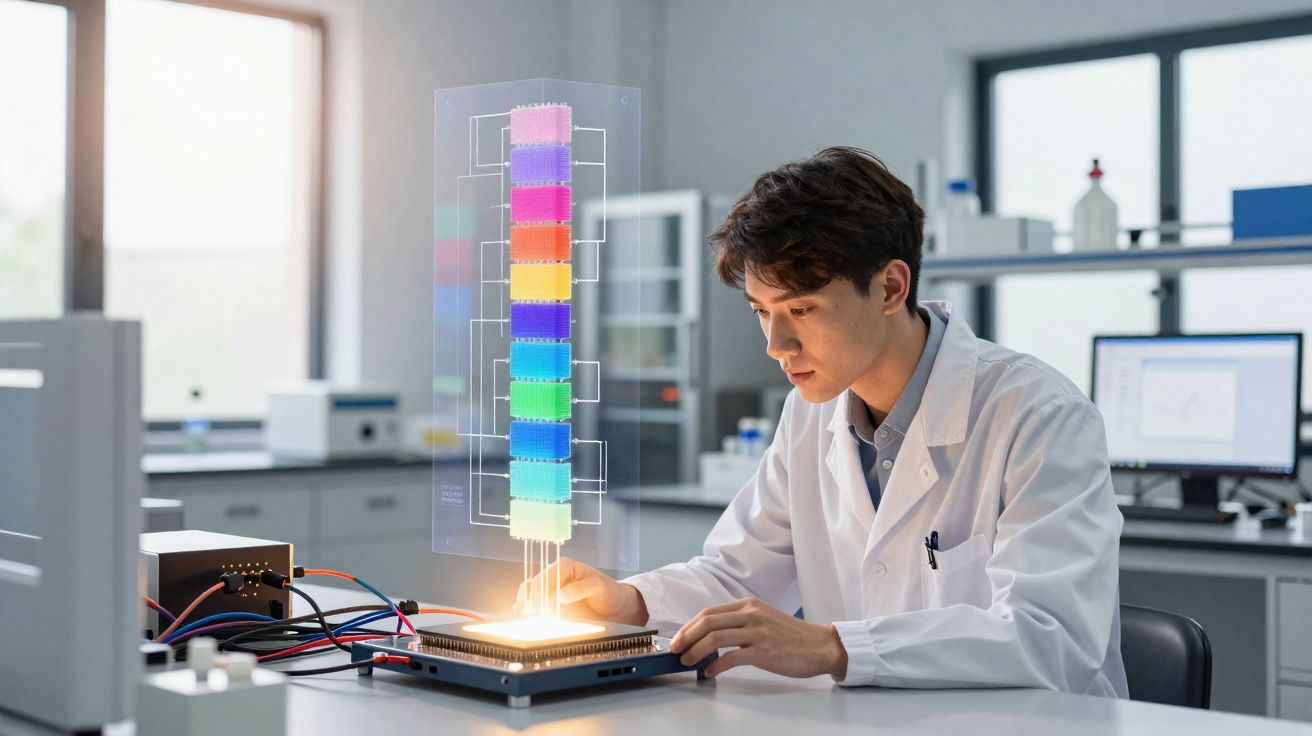 Cientista em laboratório a analisar projeção holográfica colorida de amostras num dispositivo tecnológico.