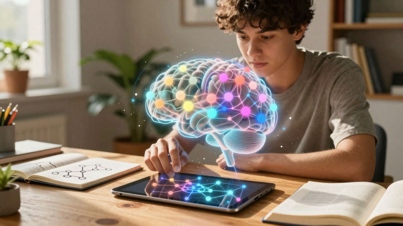 Jovem a estudar com tablet que projeta um cérebro digital colorido e mapas de conexões neuronais.