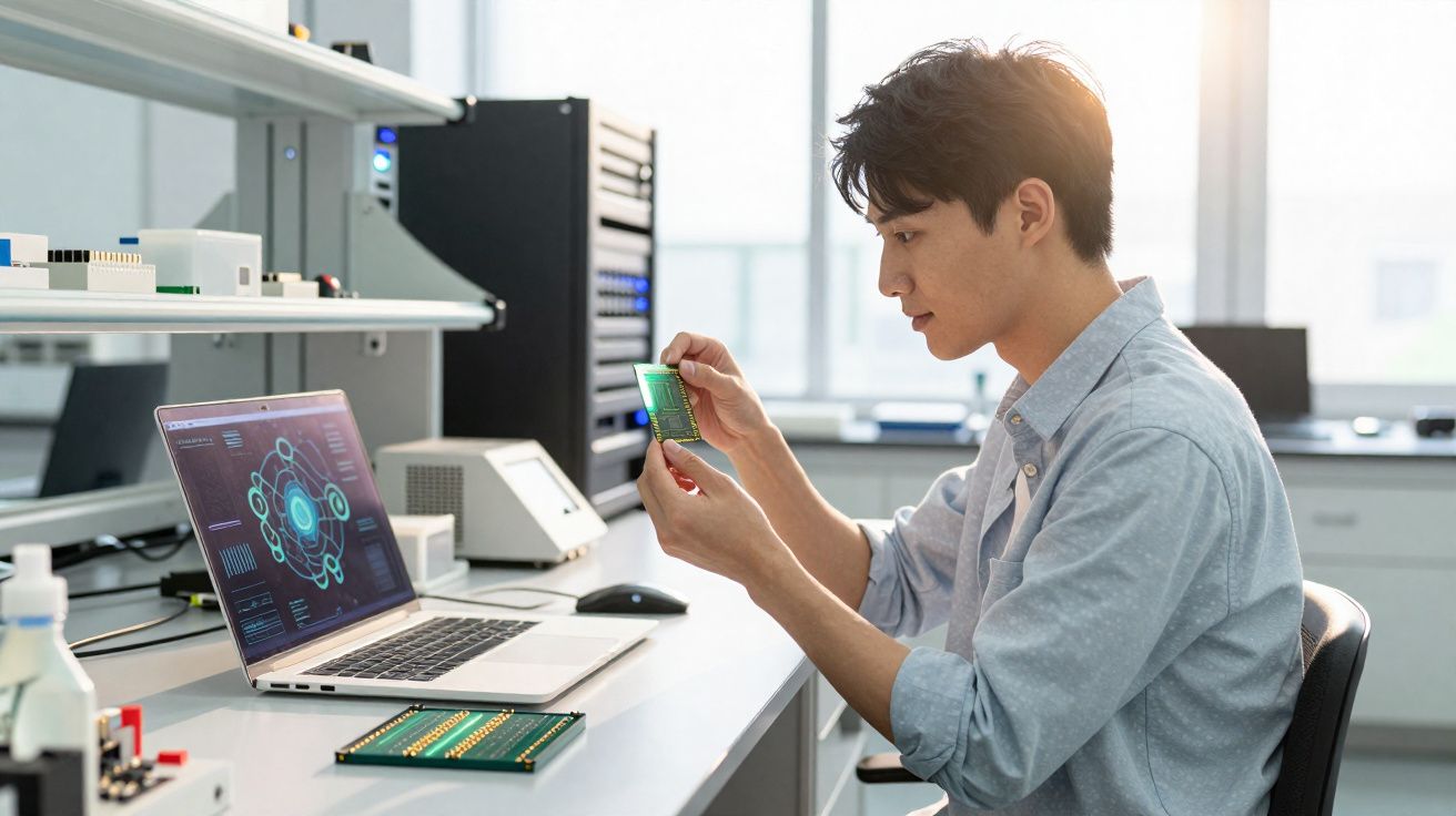 Homem a analisar um circuito impresso no laboratório de eletrónica com computador portátil aberto.