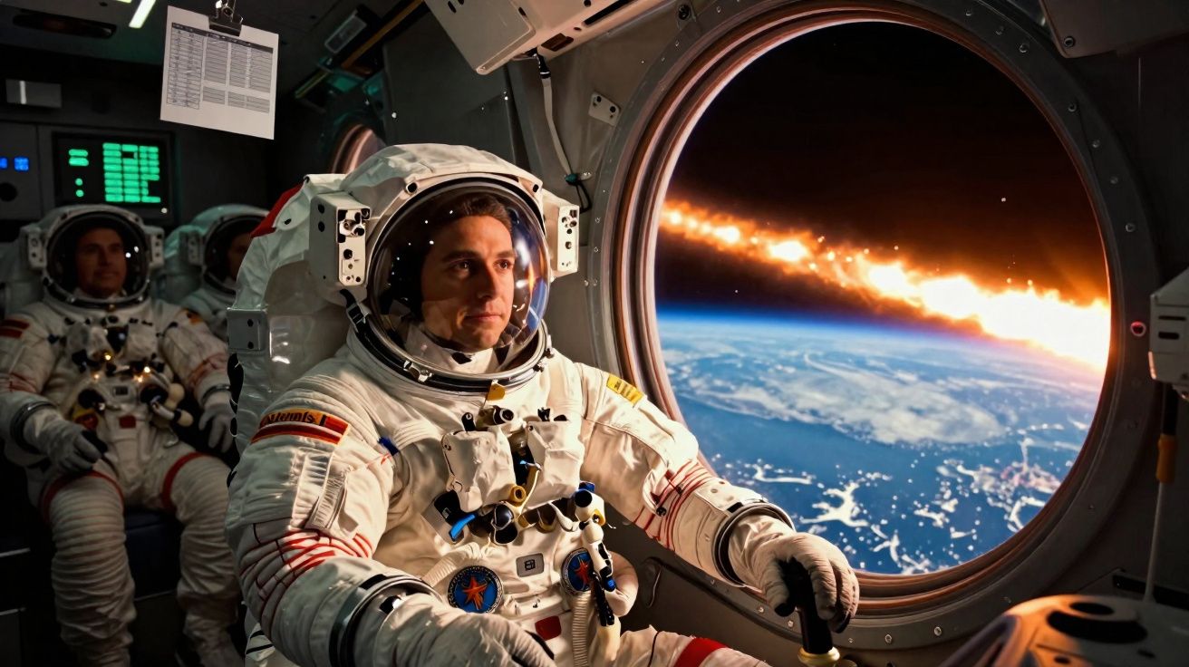 Astronauta em fato espacial dentro de nave olhando pela janela para a Terra e um fenómeno luminoso no espaço.