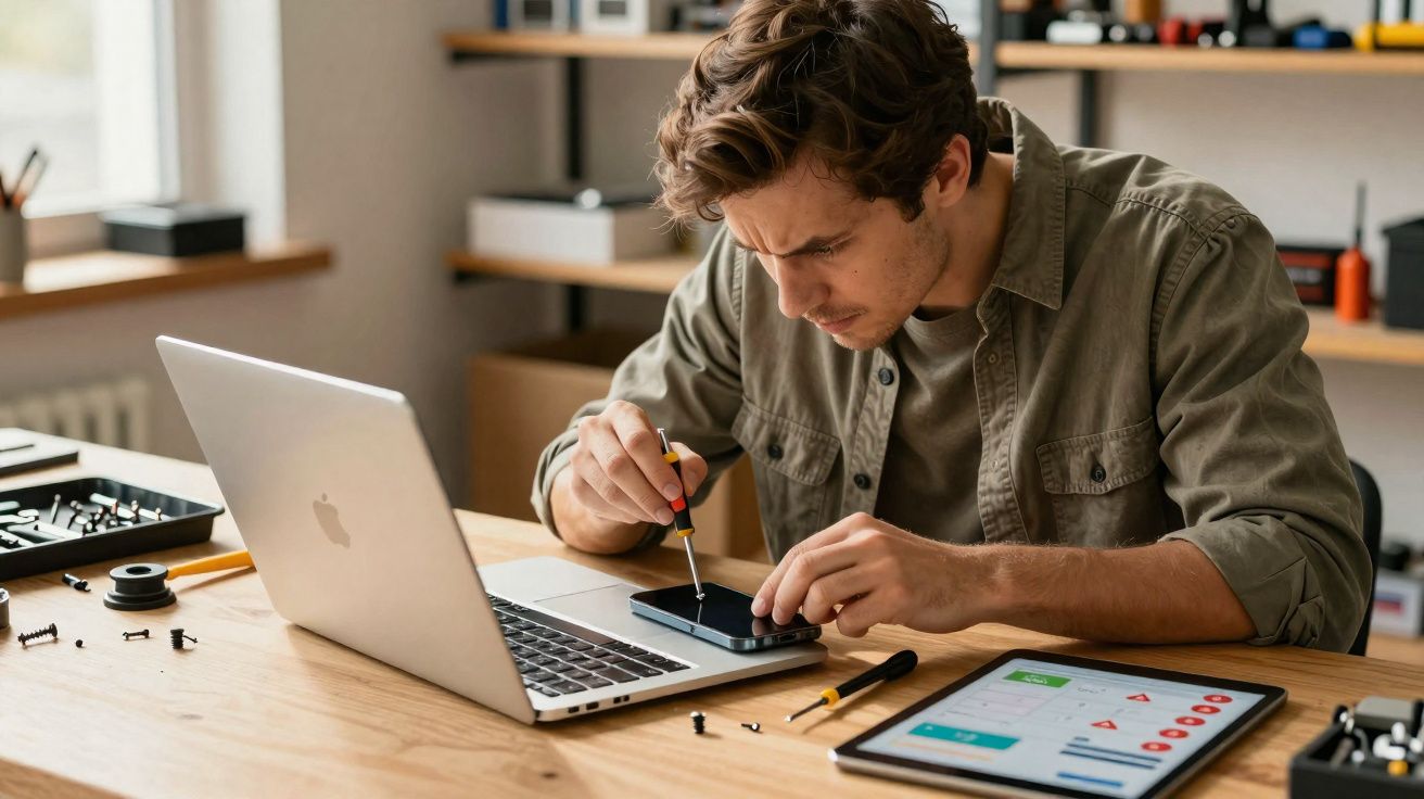 Homem a reparar um telemóvel com uma ferramenta, ao lado de um portátil e um tablet numa mesa de madeira.