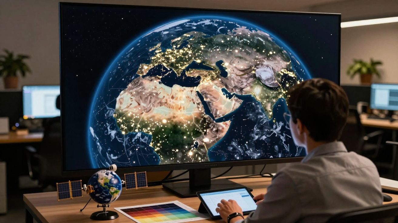 Pessoa a analisar mapa digital da Terra com luzes urbanas numa sala de trabalho moderna.
