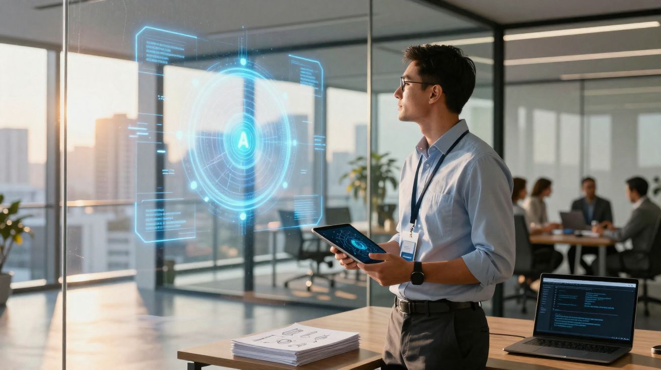 Homem de negócios com tablet observa holograma tecnológico em escritório moderno com colegas ao fundo.