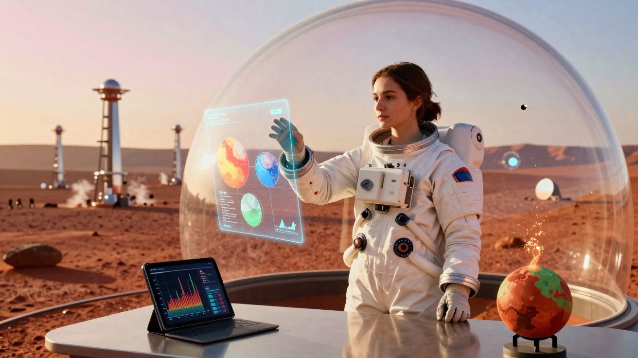 Astronauta interage com holograma de planetas numa base futurista em Marte ao pôr do sol.