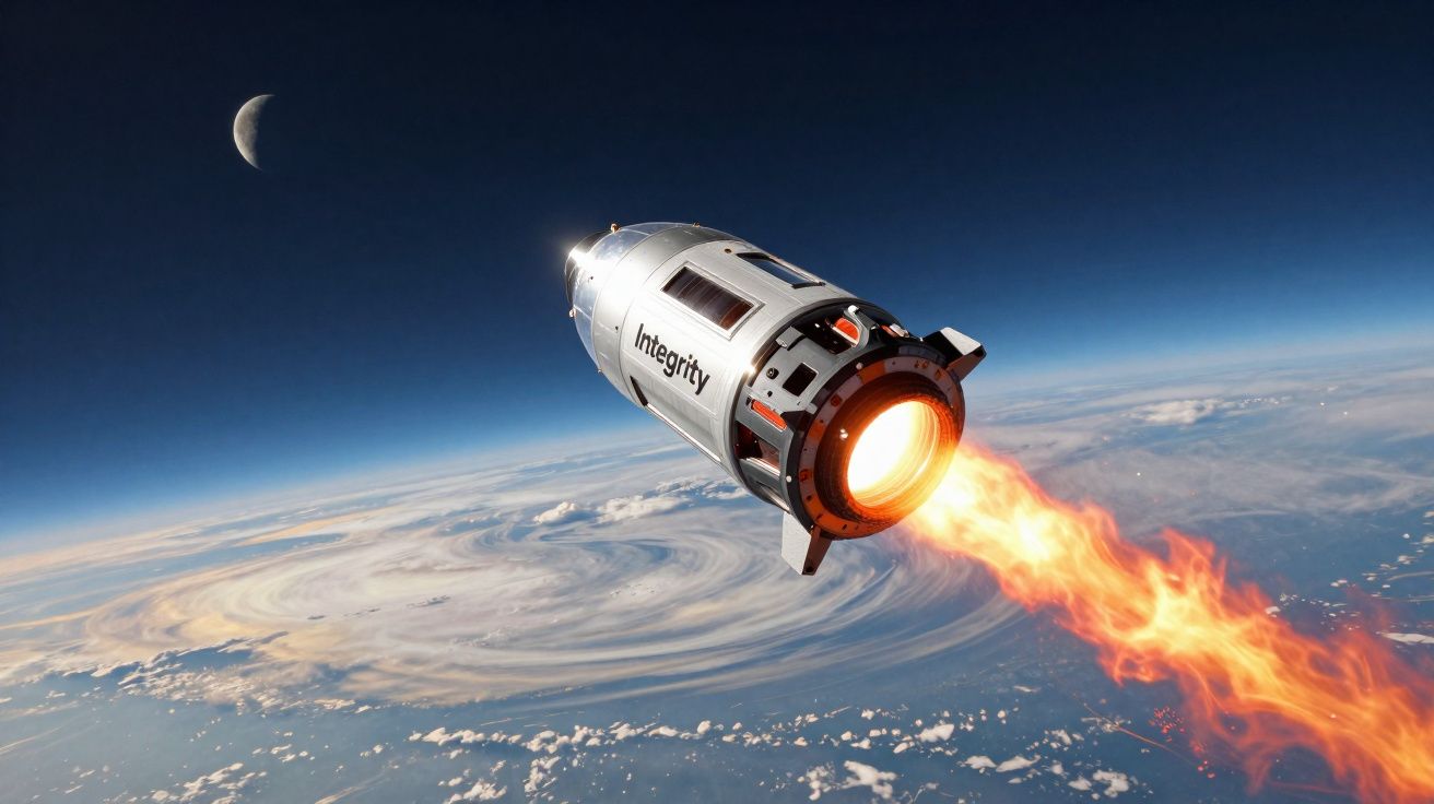 Foguete com fogo na propulsão a viajar no espaço sobre a Terra com a Lua visível ao fundo.