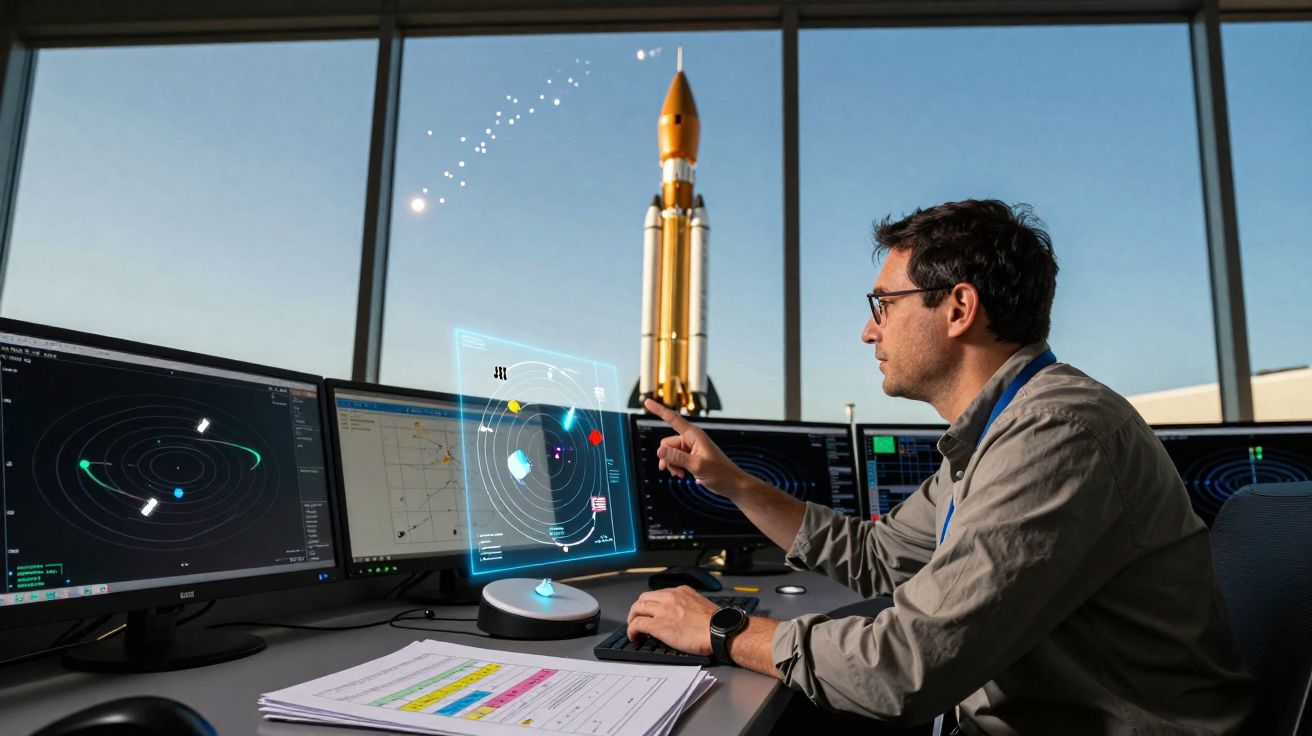 Homem a controlar simulação de sistema solar com holograma em escritório com modelo de foguetão ao fundo.