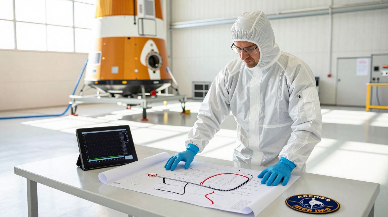 Engenheiro em fato de proteção analisa desenho técnico de projeto espacial numa sala de laboratório.
