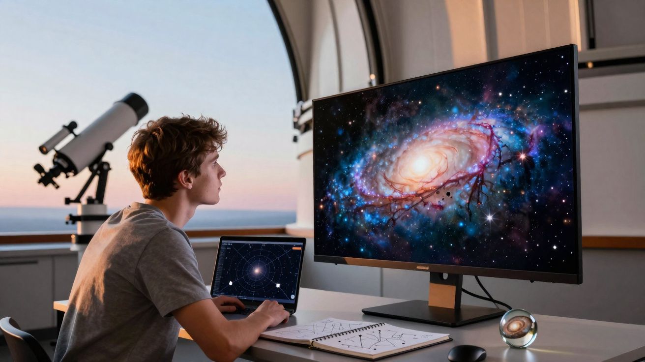 Jovem observa imagens de galáxia no computador numa sala com telescópio ao fundo ao entardecer.