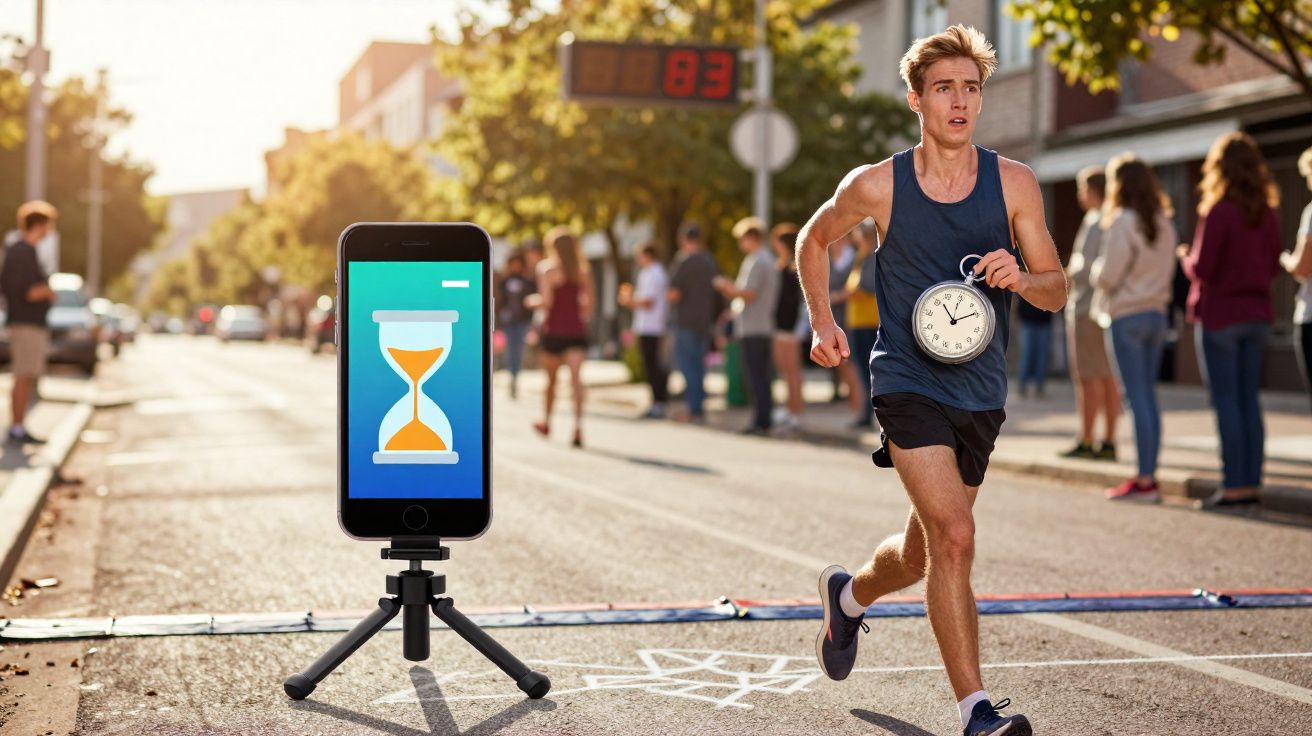 Corredor masculino a cruzar a linha de chegada numa corrida de rua, com um relógio pendurado no peito e um telemóvel com ampu