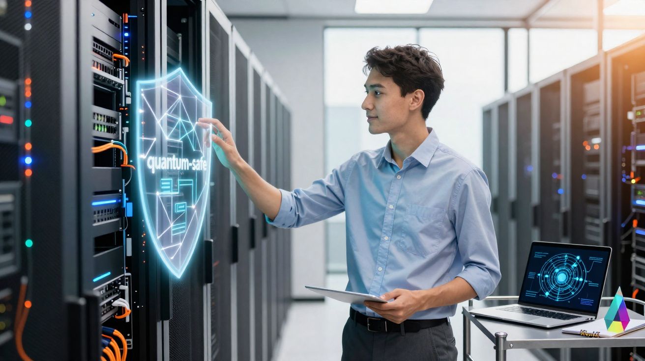 Técnico em sala de servidores a interagir com escudo virtual digital de segurança quantum-safe.