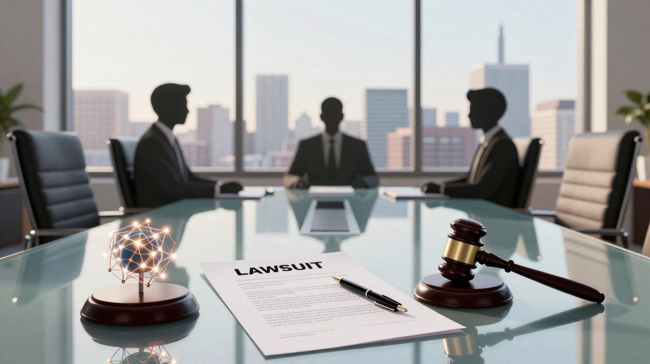 Mesa de reunião com documento de processo judicial, martelo de juiz e três pessoas em silhueta ao fundo.