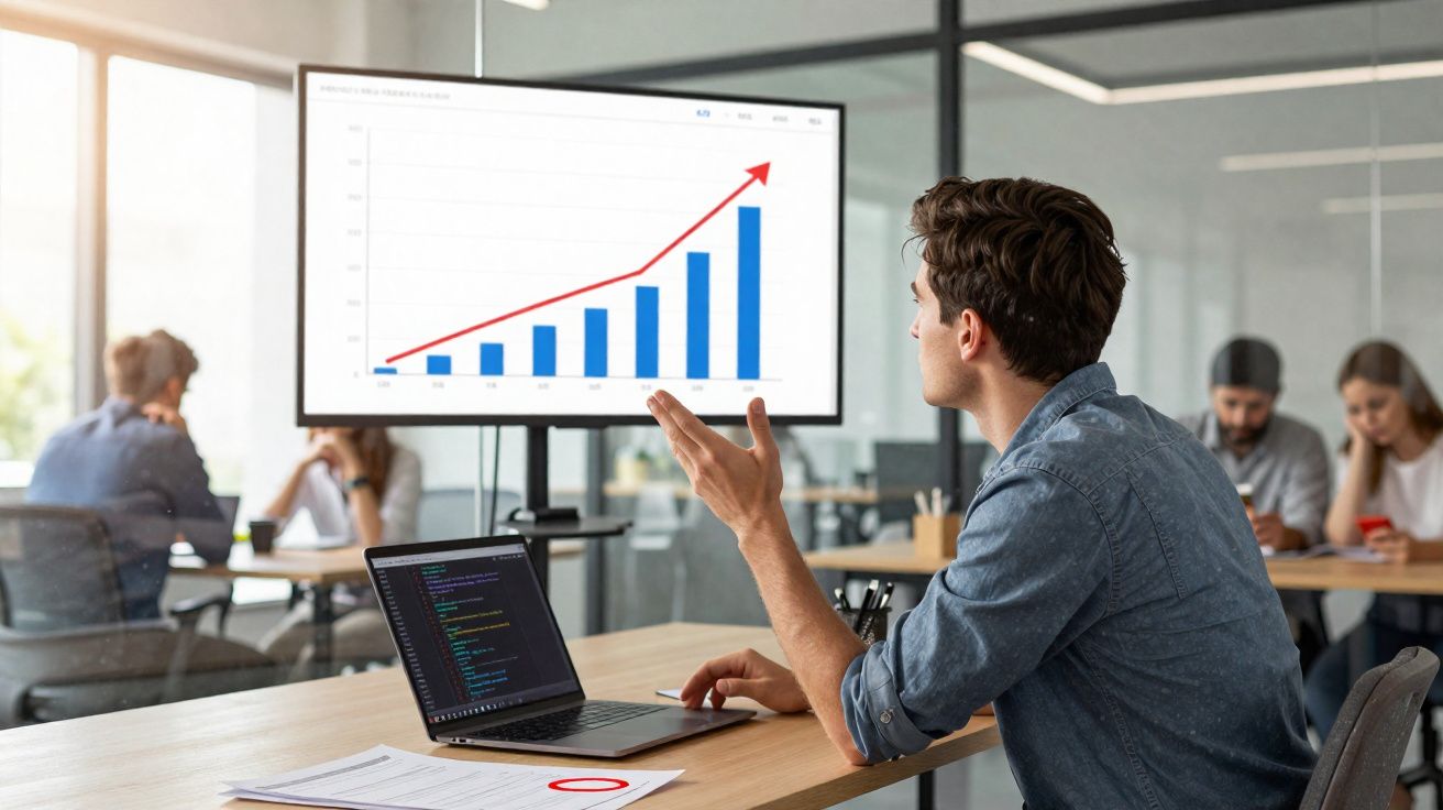 Homem a apresentar gráfico de barras azuis em ascensão num ecrã numa sala de reunião moderna.