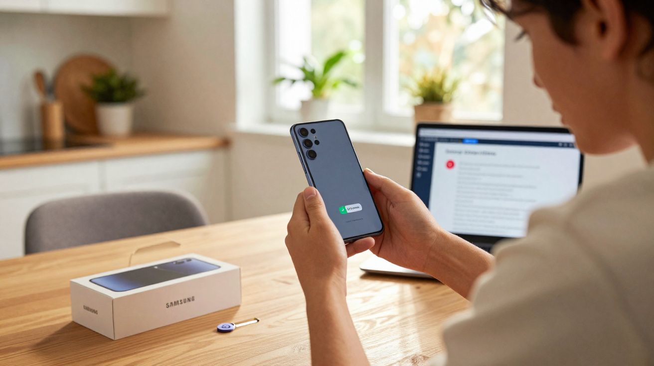 Pessoa segurando telemóvel Samsung com ecrã desbloqueado, em cima de mesa com caixa e portátil.