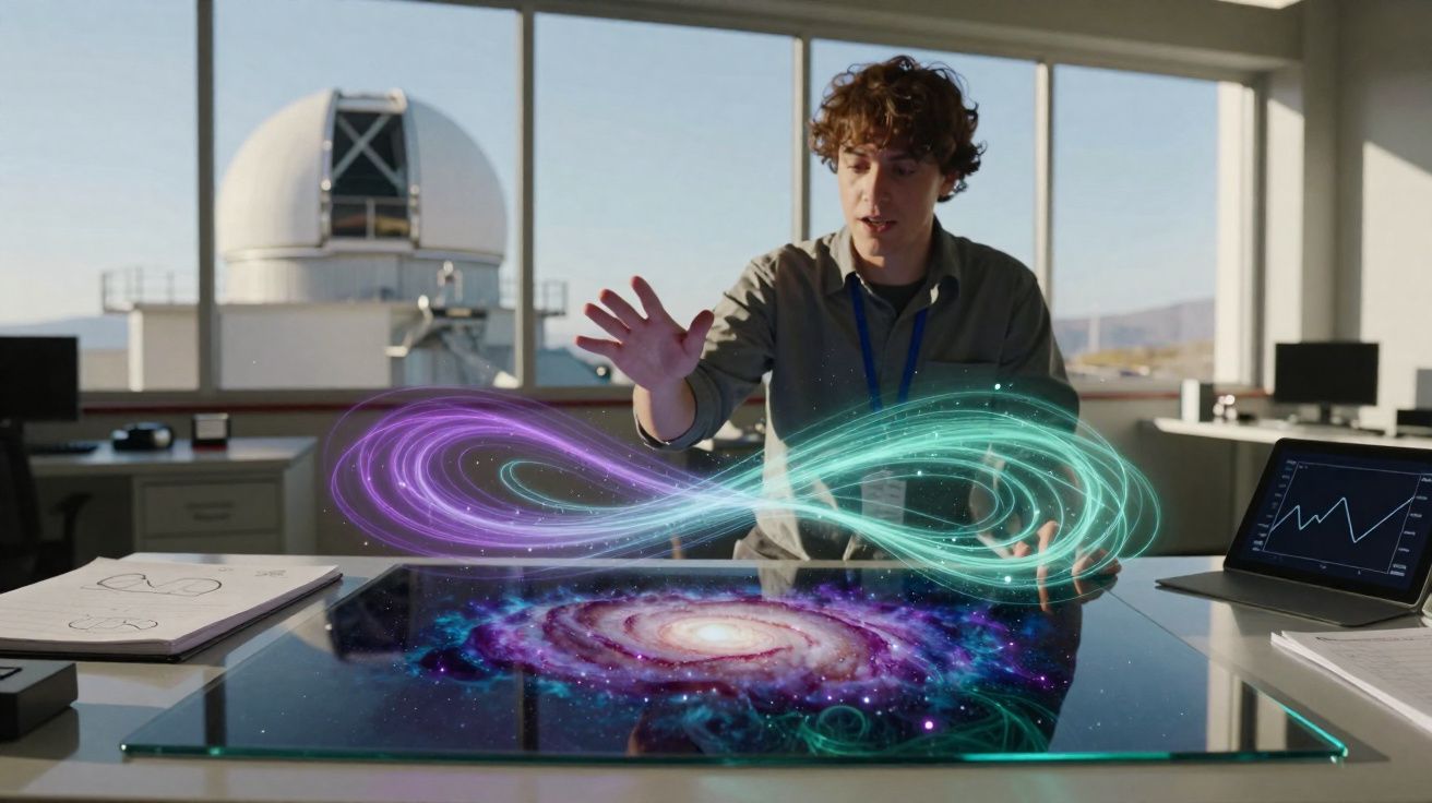 Pessoa em laboratório interage com projeção holográfica colorida de galáxia e símbolo do infinito.