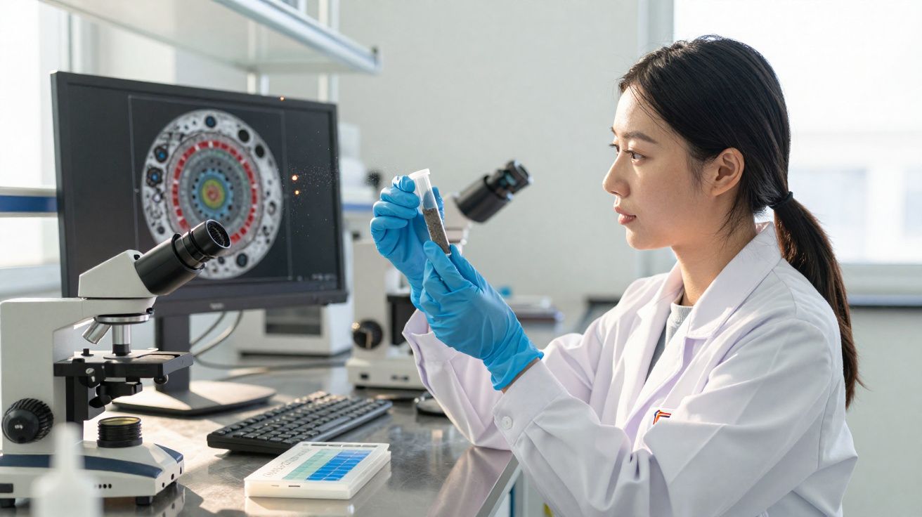 Cientista a usar bata e luvas azuis observa amostra num tubo de ensaio num laboratório moderno.