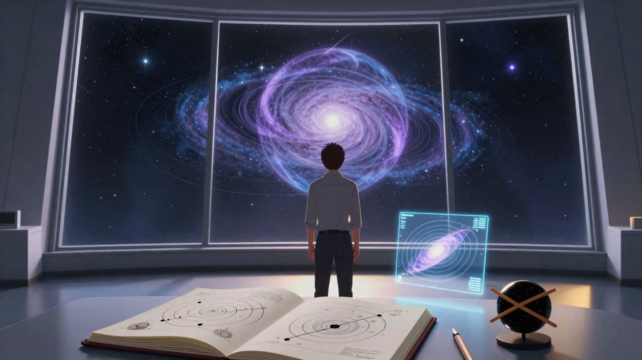 Pessoa a olhar para uma galáxia no espaço através de uma grande janela, com livros e instrumentos científicos.