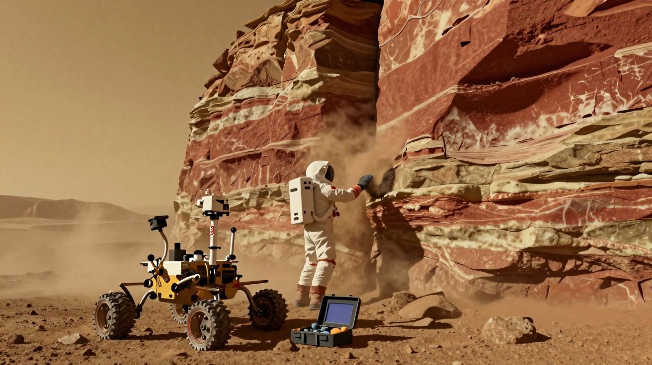 Astronauta com traje espacial recolhe amostra de rocha vermelha em superfície marciana junto de rover e caixa com equipamento