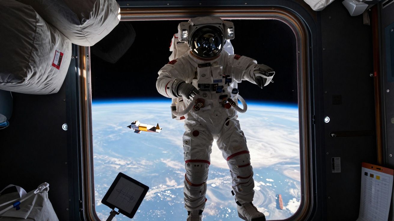 Astronauta em fato espacial no exterior da estação espacial com a Terra ao fundo, vista através da janela.