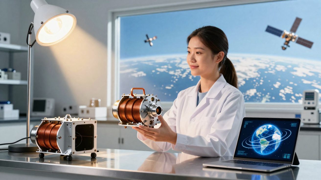 Cientista a examinar equipamento tecnológico numa sala com ecrã de satélites e planeta Terra no fundo.