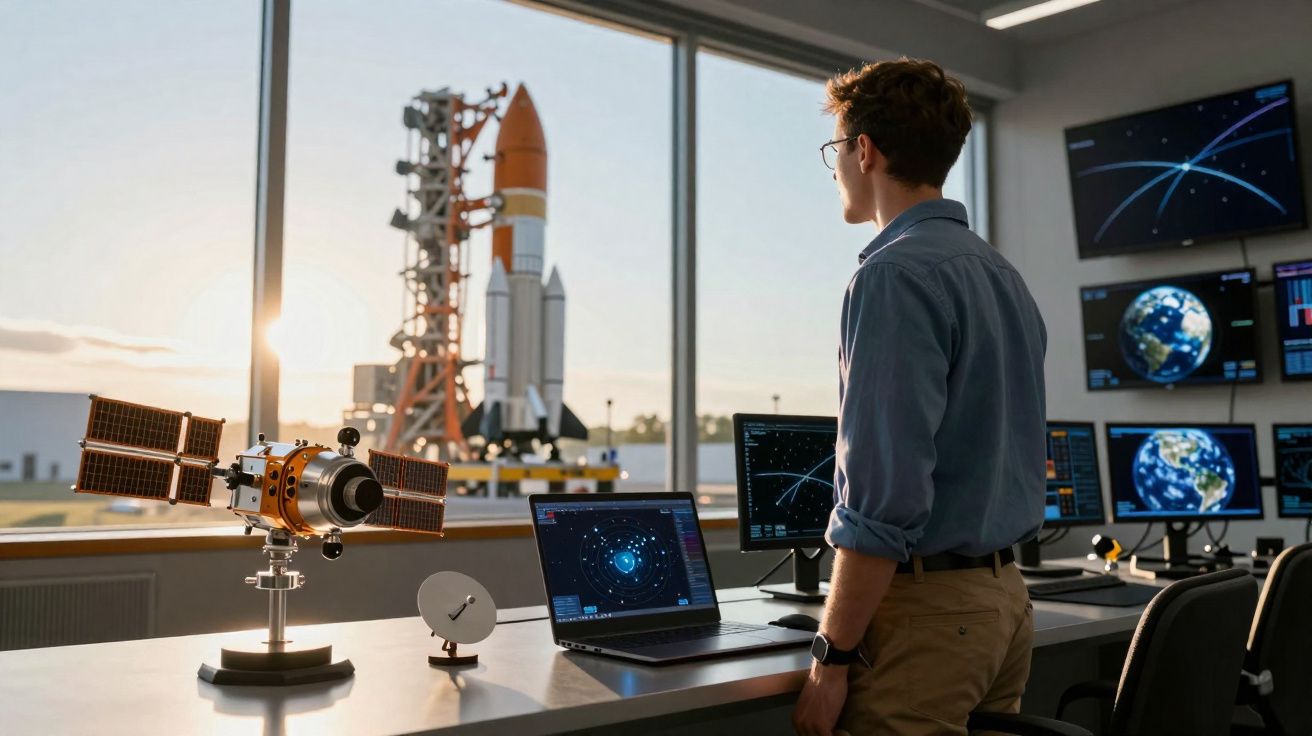 Homem numa sala de controlo observa um foguetão na plataforma de lançamento ao pôr do sol.