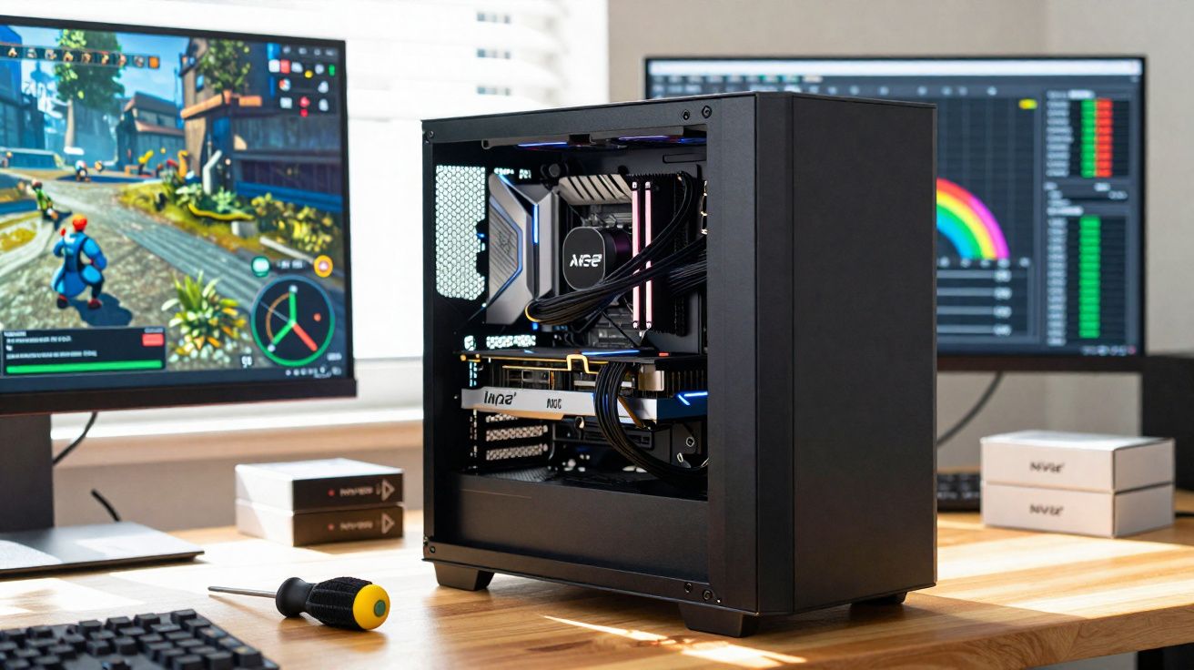 Computador de secretária com caixa aberta mostra hardware interno, rodeado por monitores, teclado e acessórios numa mesa.