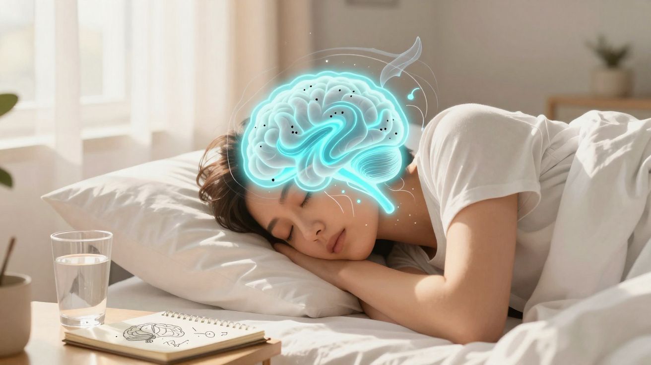Mulher a dormir numa cama com ilustração digital de cérebro brilhante sobreposto na cabeça.