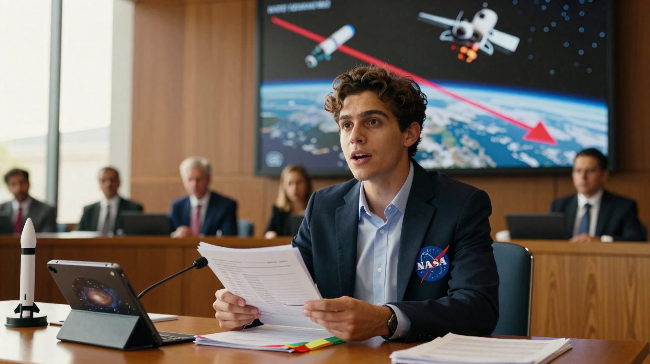 Homem jovem com blazer da NASA faz apresentação em reunião com gráficos do espaço ao fundo.
