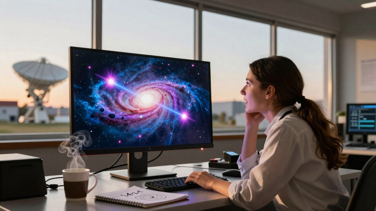 Mulher observa imagem de galáxia na tela do computador em laboratório de astronomia com antena de rádio ao fundo.