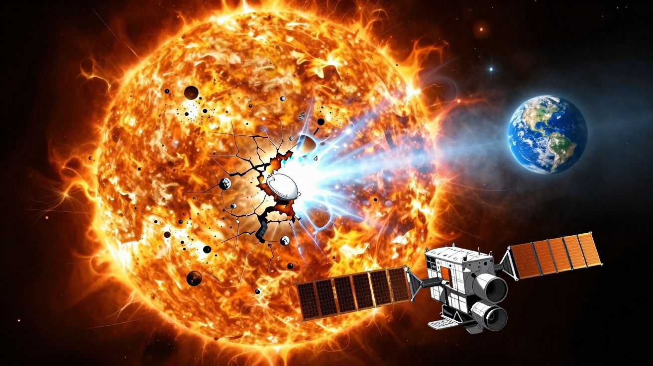 Satélite espacial próximo ao sol com uma fenda luminosa e a Terra ao fundo no espaço.