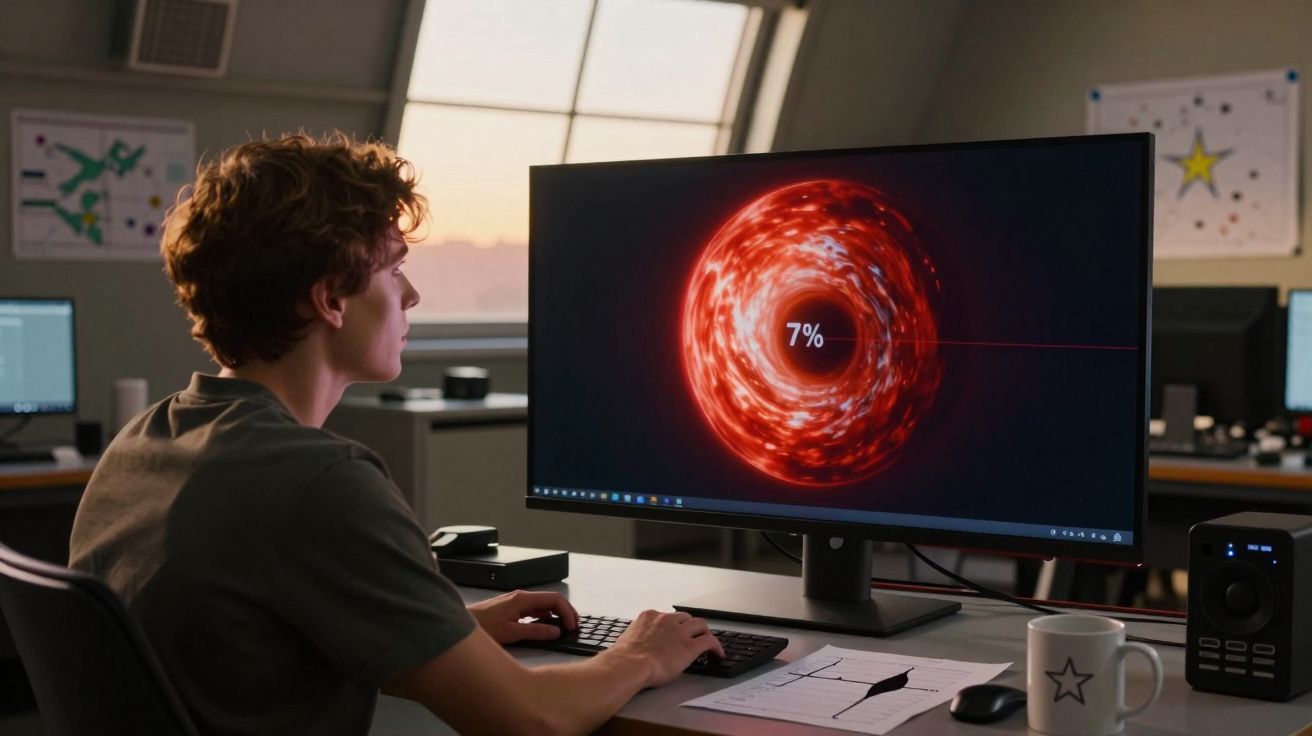 Pessoa a trabalhar num computador com visualização gráfica de círculo vermelho e 7% no ecrã.