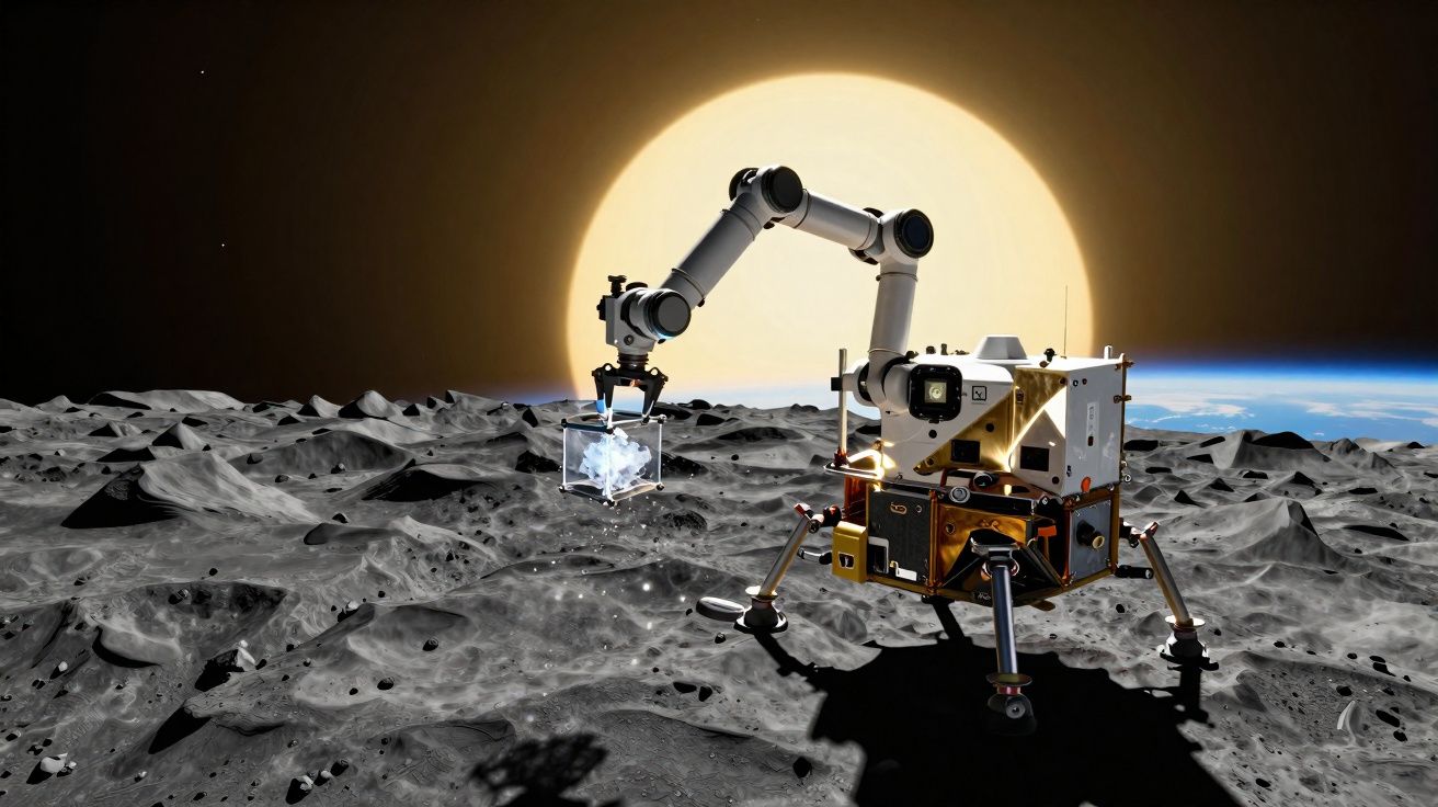 Sonda robótica na superfície lunar a recolher amostras com a Terra e o Sol ao fundo.