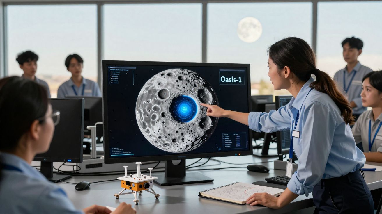 Grupo de cientistas analisa monitor com imagem da lua e estrutura tecnológica chamada Oasis-1.