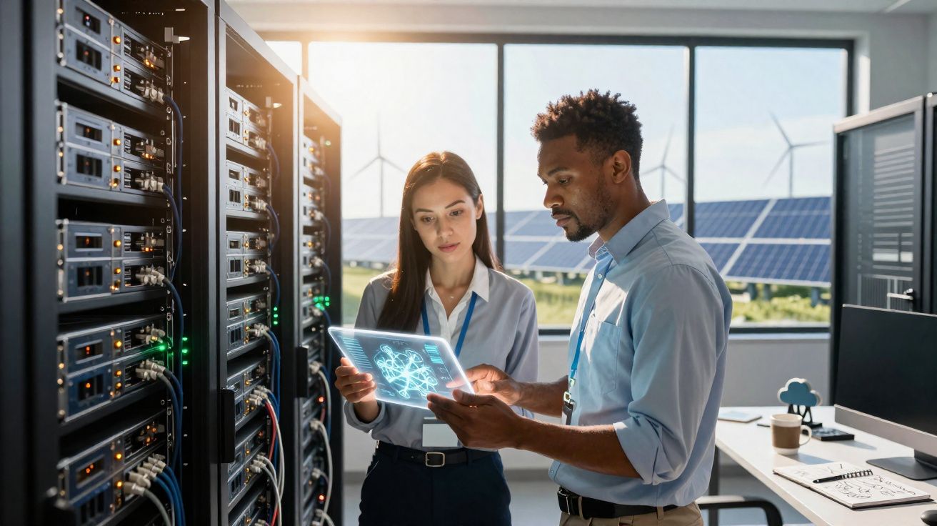 Dois técnicos analisam dados digitais junto a servidores com painéis solares e turbinas eólicas ao fundo.