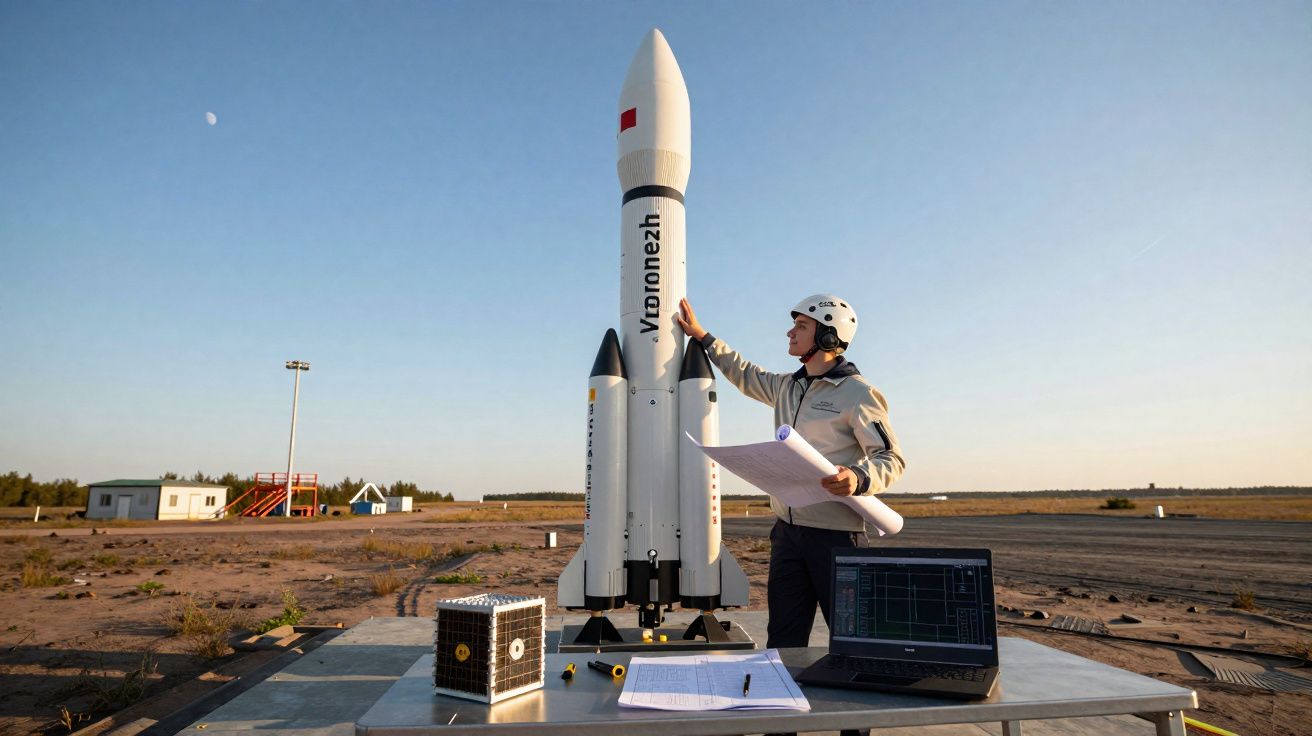 Engenheiro com capacete junto a um modelo de foguete na plataforma de lançamento ao ar livre.