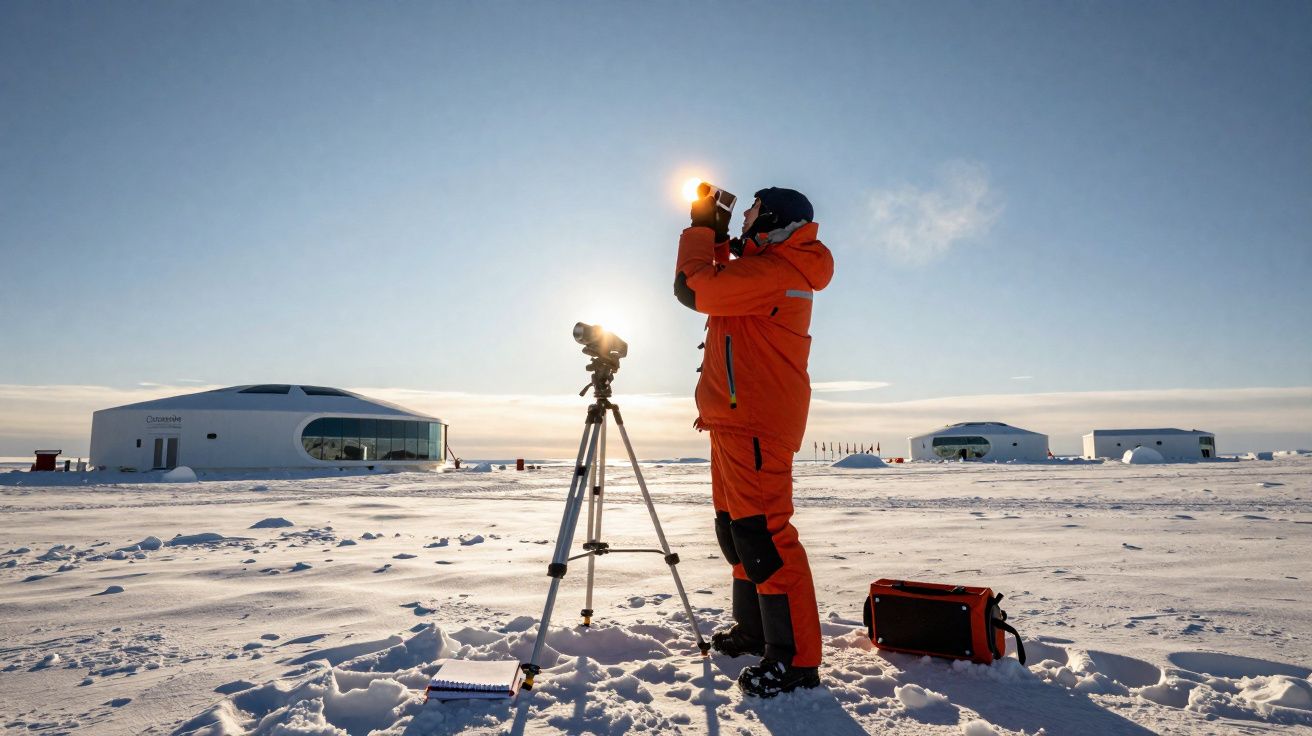 Pessoa vestida com fato térmico laranja observa o sol através de uma câmara em paisagem nevada e edifícios ao fundo.
