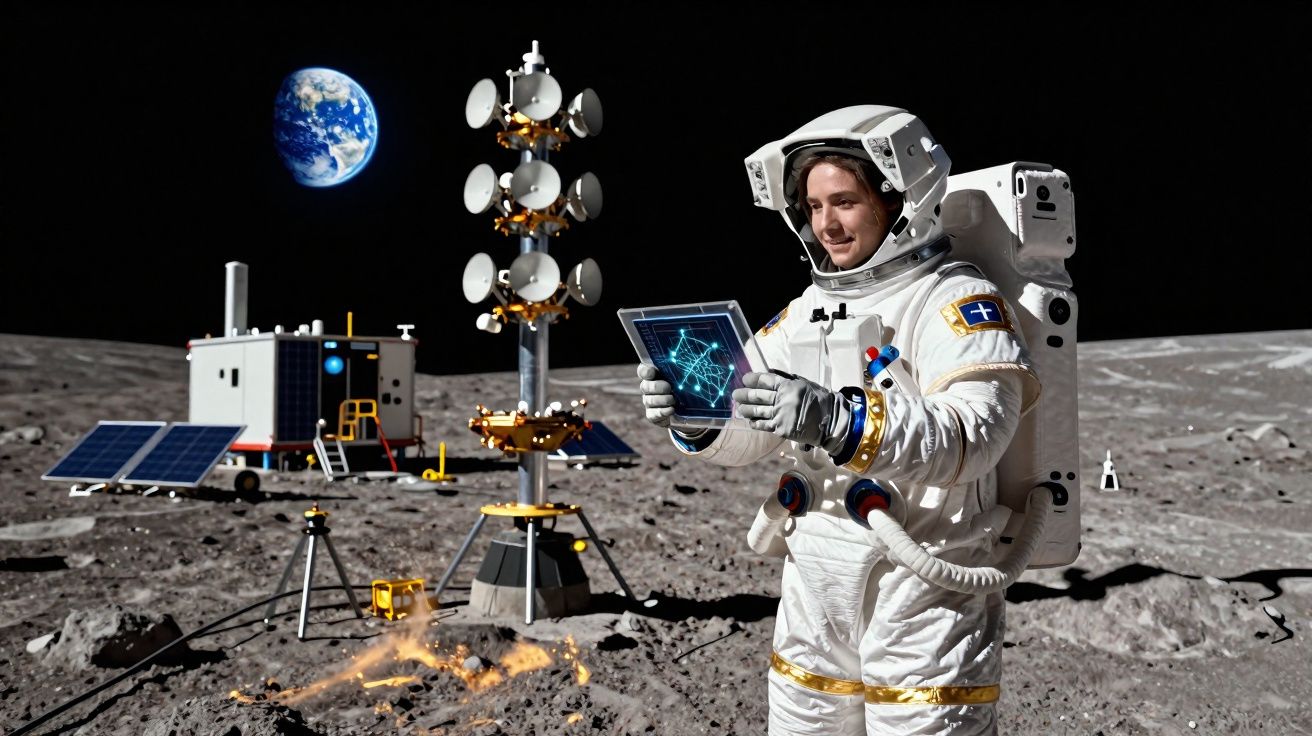 Astronauta com fato espacial branco consulta painel digital transparente na superfície da lua com a Terra ao fundo.